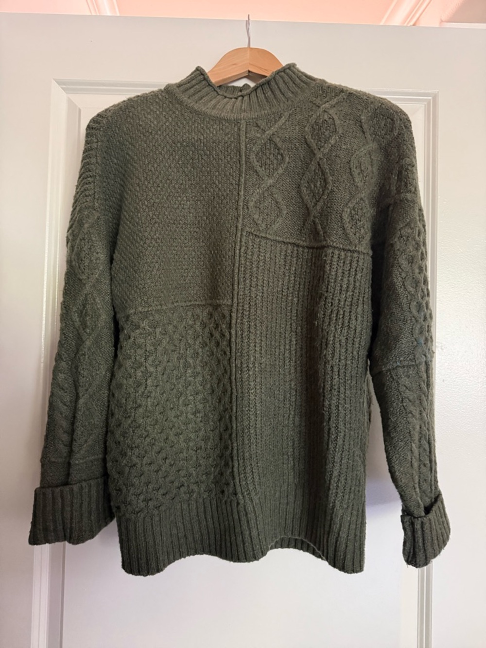 American Eagle Outfitters Olive Patchwork Cable Turtleneck Sweater